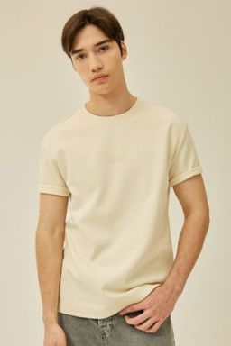 Regular Fit Bisiklet Yaka Bask?l? K?sa Kollu Ag?r Kumas Tisort