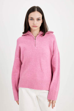 Трикотажный свитер оверсайз с широким кроем и половиной молнии с высоким воротником - Defacto фото 4