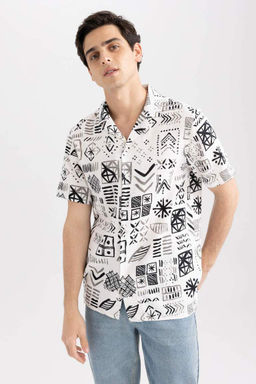 Хлопковая рубашка с коротким рукавом и принтом с вязаным крючком воротником обычного кроя - Defacto фото 5