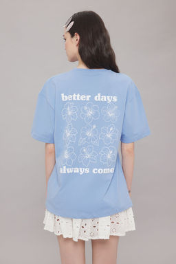 TRENDYOLMILLA Ac?k Mavi %100 Pamuk Oversize/Genis Kal?p On Arka Bask?l? Orme T-Shirt TWOSS25TS00059  фото 8