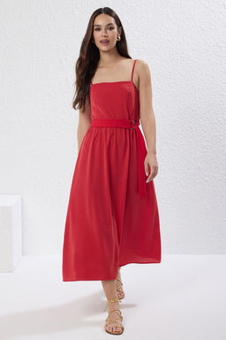 K?rm?z? Duz A Kesim Fiyonklu Midi Dokuma Elbise TWOSS25EL00559 - Trendyolmilla фото 5