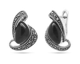 Серьги из серебра марказит, оникс, SL-AGA82