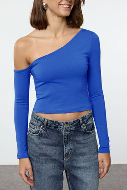 Trendyolmilla Antrasit Tek Omuz Pamuklu Esnek Fitted/Vucuda Oturan Crop Orme Bluz TWOAW24BZ00099  фото 3