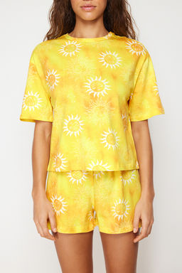 Sar? %100 Pamuklu Gunes Desenli Sortlu Orme Pijama Tak?m? THMSS24PT00108