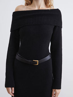 Kay?k Yaka Kemerli Triko Elbise