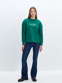 Bisiklet Yaka Bask?l? Oversize Kad?n Kal?n Sweatshirt