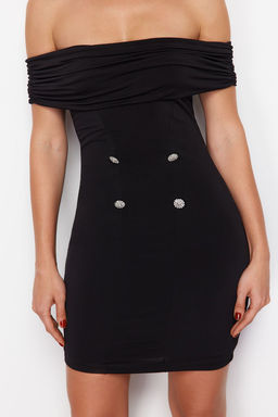 Siyah Carmen Yaka Parlak Tasl? Dugme Detayl? Orme K?sa S?k Abiye Elbise TPRSS24EL00199 - Trendyolmilla фото 5