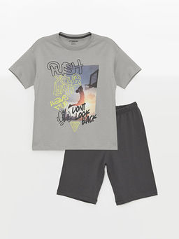 Bisiklet Yaka Bask?l? K?sa Kollu Erkek ?ocuk ?ortlu Pijama Tak?m?