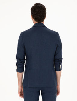 Lacivert Slim Fit %100 Keten Ceket