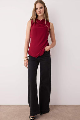 Bordo Kolsuz Saten Baglama Detayl? Dokuma Bluz TWOAW26BZ00056