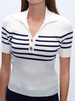 Polo Yaka ?izgili Kad?n Triko Kazak