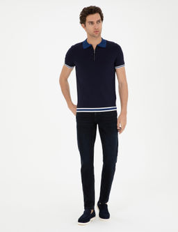 Темно-синяя трикотажная футболка узкого кроя с воротником-поло - Cacharel фото 4