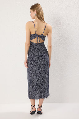 Lacivert Cicekli A Kesim Y?rtmacl? Midi Dokuma Elbise TWOSS23EL02085