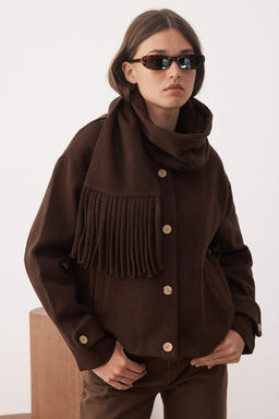 Kahverengi Oversize Kal?p C?kar?labilir Sal Detayl? Kase Ince Ceket Mont TWOAW26MO00117