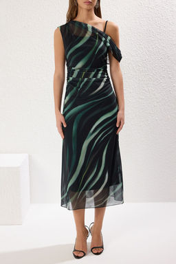 Cok Renkli Soyut Bask?l? Buzgu / Drape Midi Tul Vucuda Oturan Esnek Orme Elbise TWOSS25EL00104