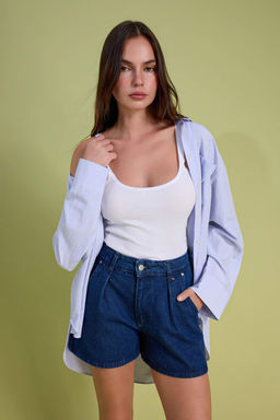 TRENDYOLMILLA Mavi More Sustainable Pileli Yuksek Bel Denim Sort TWOSS20SR0129  фото 29