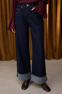 Koyu Mavi Paca Katlamal? Normal Bel Wide Leg Jeans TWOAW26JE00011 - Trendyolmilla фото 3