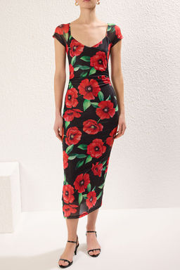 Siyah Cicekli Bodycone/Vucuda Oturan Midi Orme Elbise TWOSS25EL00081 - Trendyolmilla фото 3