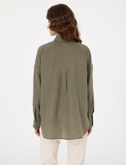 Haki Oversize Uzun Kollu %100 Keten G_mlek