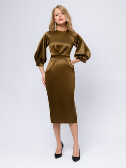 Платье бронзового цвета длины миди с пышными рукавами - 1001dress фото 2