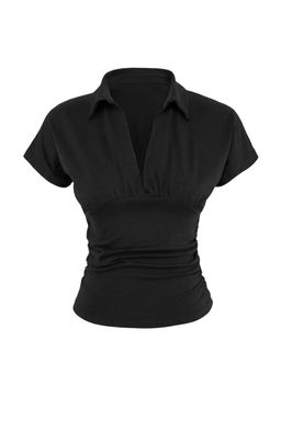 Siyah Fitted/Vucuda Oturan Polo Yaka K?sa Kollu Buzgulu %100 Pamuk Orme Bluz TWOSS26BZ00336