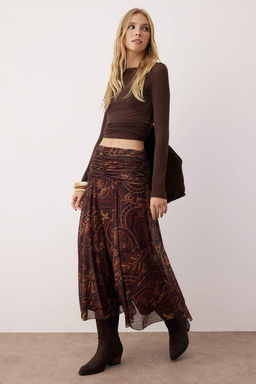Cok Renkli Maxi Buzgu/Drape Detayl? Boho/Boho Chic Baskl?l? Tul Esnek Orme Etek TWOAW26ET00122