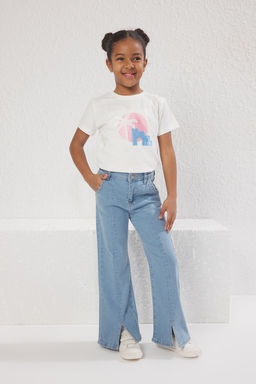 Ac?k Mavi K?z Cocuk Genis Paca/Flare Lastikli Denim Jeans TKDSS25JE00003