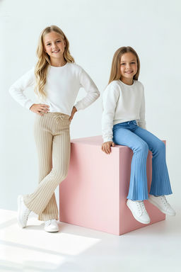 Mavi-Bej Pamuklu Yumusak Esnek 2li K?z Cocuk Duz Orme Tayt TKDAW26TA00005