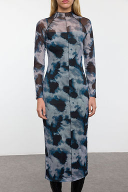 Siyah Soyut Bask?l? Tul Biye Detayl? Fitted/Vucuda Oturan Orme Elbise TWOAW25EL00409 - Trendyolmilla фото 4