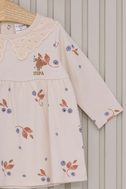 K_z Bebek Bej _i_ek Desenli Dantel Yaka Elbise Bandana 2li Set