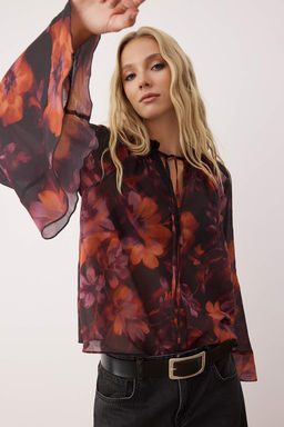 Cok Renkli Volan Kollu Leopar Desenli Dokuma Bluz TWOAW26BZ00054