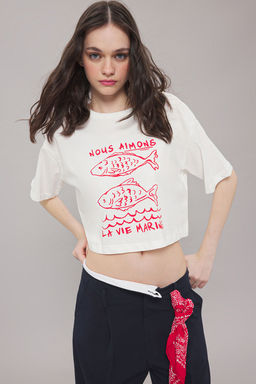 TRENDYOLMILLA Lacivert %100 Pamuk Relaxed/Rahat Kal?p Crop Bask?l? Orme T-Shirt TWOSS25TS00080  фото 10