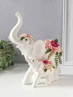 Сувенир полистоун "Белый слон со слонёнком в цветах" 25,4х13,8х29,2 см