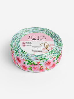 Лента репсовая Розы, 25 мм, 181 м, белая, розовая