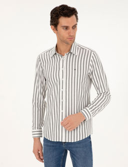 Gri Slim Fit _izgili Pamuk G_mlek