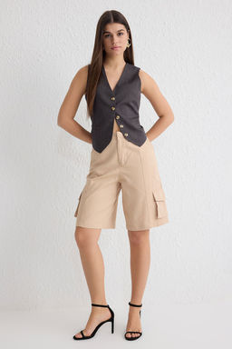 TRENDYOLMILLA Bej Yuksek Bel Kargo Cepli Bermuda Sort Dokuma Sort & Bermuda TWOSS25SR00009  фото 2