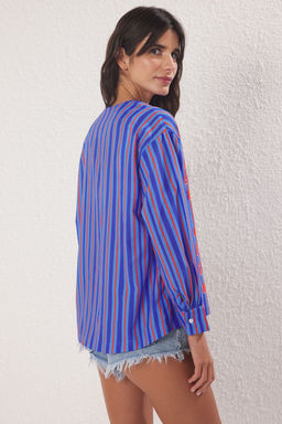 Trendyolmilla Bal?k Ve Cizgi Desenli Dokuma 100% Pamuk Plaj Gomlek TBESS25GO00018  фото 6