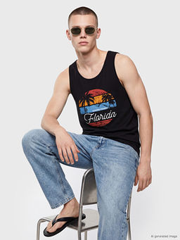 Bisiklet Yaka Florida Bask?l? Erkek Kolsuz Ti??rt