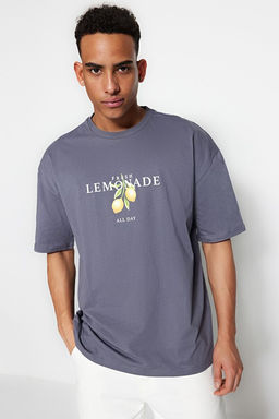 Antrasit Oversize Bisiklet Yaka K_sa Kol Bask_l_ T-Shirt TMNSS23TS00089