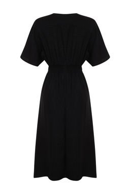 Siyah Baglama Detayl? A Kesim V Yaka Midi Dokuma Elbise TWOSS23EL01543