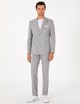 A__k Gri Slim Fit %100 Y_n _izgili Kruvaze Tak_m Elbise