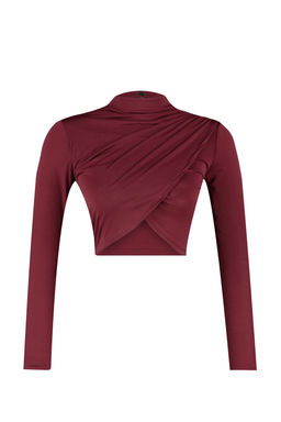 Bordo Dik Yaka Drapeli Vucuda Oturan Esnek Orme Crop Bluz TWOAW24BZ00164