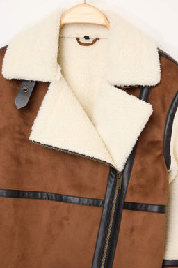 Kahverengi Regular Kal?p Pelus Detayl? Kemerli Biker Ceket Mont TWOAW25MO00049 - Trendyolmilla фото 10