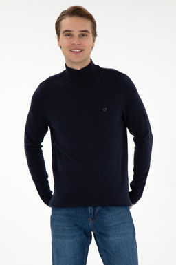 Erkek Slim Fit Yar_m Bal_k__ Yaka Lacivert Basic Kazak