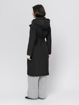 Плащ черного цвета с поясом и отложным воротником - 1001dress фото 4