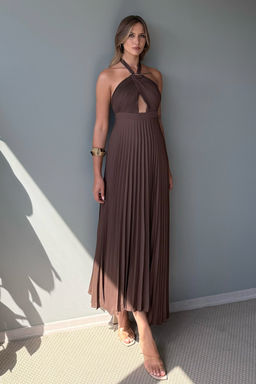 Bordo Piliseli Cut Out Aksesuar Detayl? Sifon Midi Astarl? Elbise TPRSS25EL00327 - Trendyolmilla фото 6