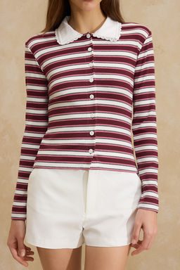 Cok Renkli Cizgili Fitted/Vucuda Oturan Polo Yaka Dugmeli Fitilli Esnek Orme Bluz TWOSS26BZ00067