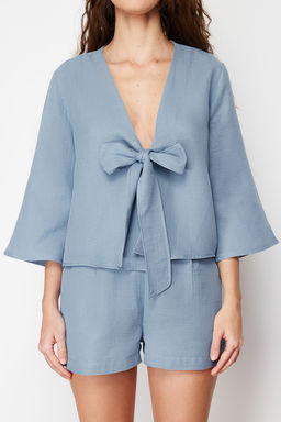 Mavi %100 Pamuklu Baglama/Kurdele/Fiyonk Detayl? Muslin Sortlu Dokuma Pijama Tak?m? THMSS24PT00077