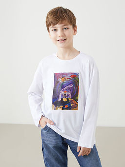 Bisiklet Yaka Bask?l? Unisex ?ocuk Ti??rt