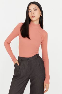 Gul Kurusu Fitted/Vucuda Oturan Dik Yaka Uzun Kol Fitilli Esnek Orme Bluz TWOAW21BZ0423